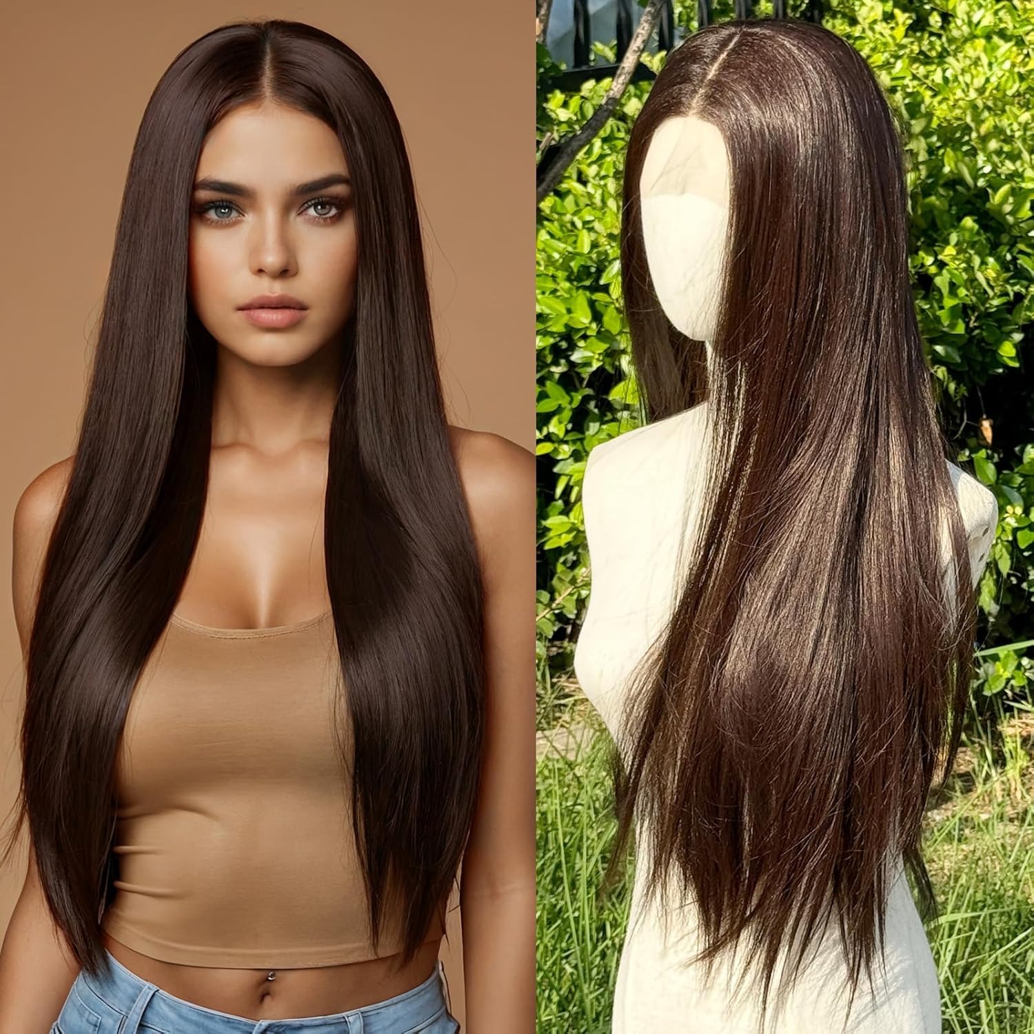 25.5 inches Full head long middle partition wig for Women- Dark brown
