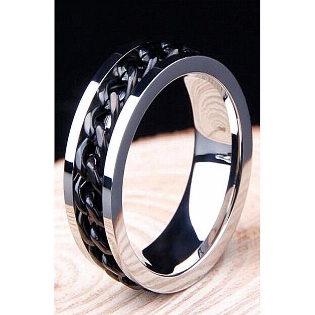 Silver Stainless Steel Black Chain Ring