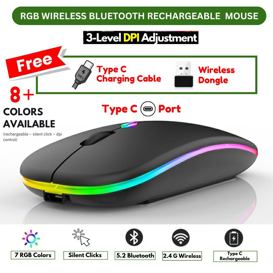 Rechargeable - Wireless Mouse Ultra Slim Gaming Mouse RGB Dual Mode 5.1 Bluetooth Mouse Rechargeable Battery Gaming RGB USB Wireless Optical Mouse With Silent Clicks Black 2.4G Backlit Mice - Plug and Play For Laptop, PC, Computer, Smart TV