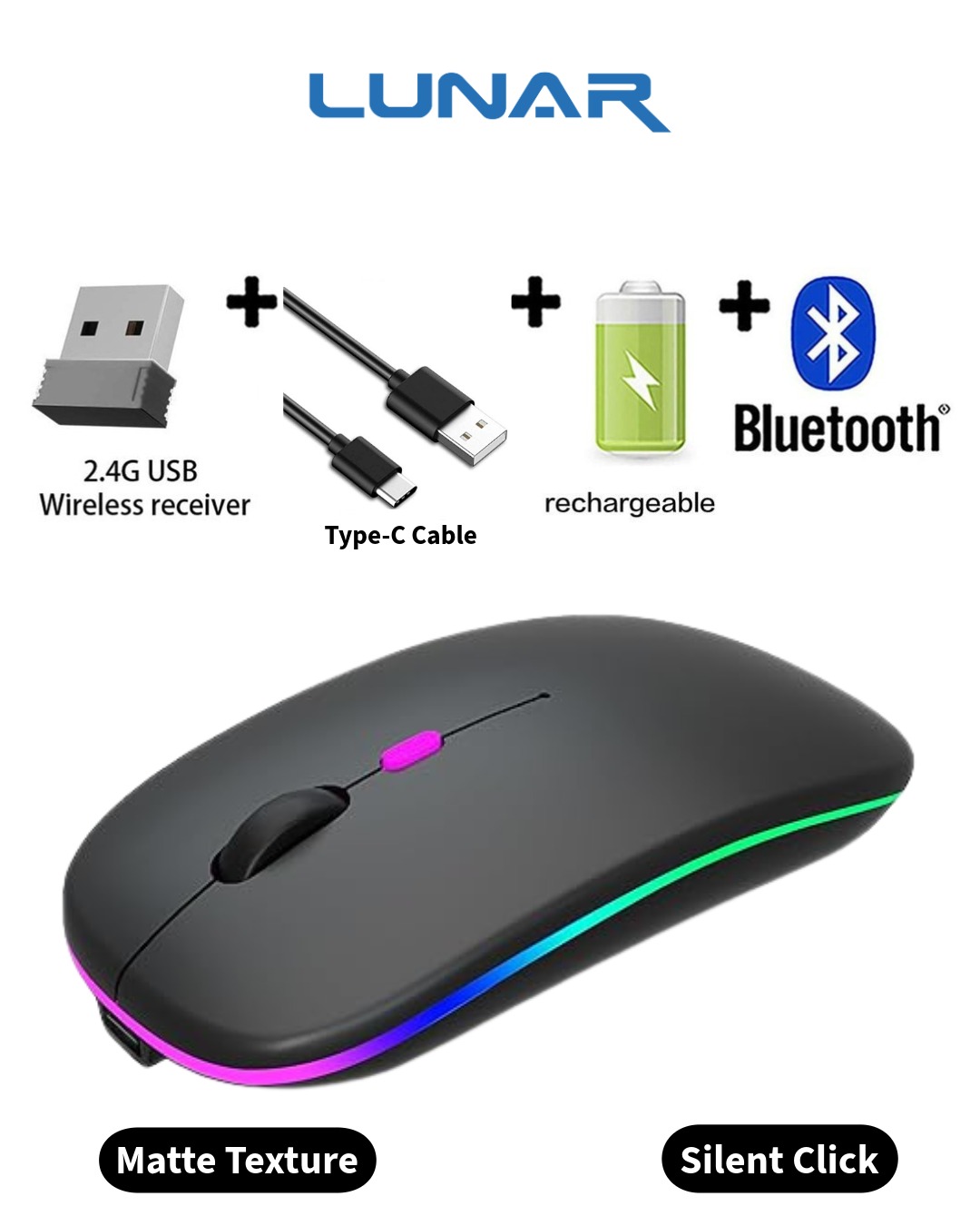 Wireless Bluetooth Mouse, LR-161 Rechargeable LED Dual Mode Mouse (Bluetooth and 2.4Ghz Wireless) Portable Silent Mouse,for Laptop/Desktop/Tablet (Black) By Lunar