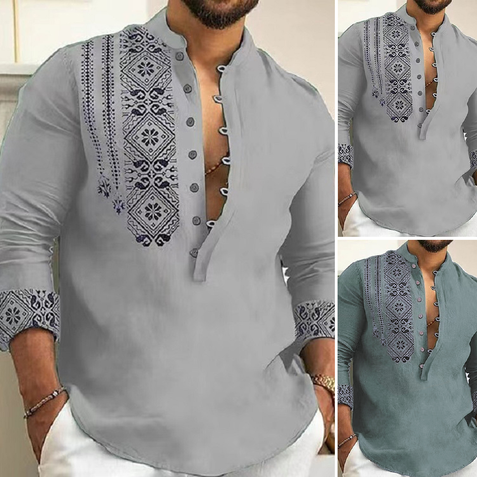 Men Long Sleeve Shirt Stylish Ethnic Print Men s Casual T shirt Slim Fit Long Sleeve Stand Collar Trendy Spring fall Shirt for Southeast Asian Fashion Enthusiasts Men Shirt Daraz.pk