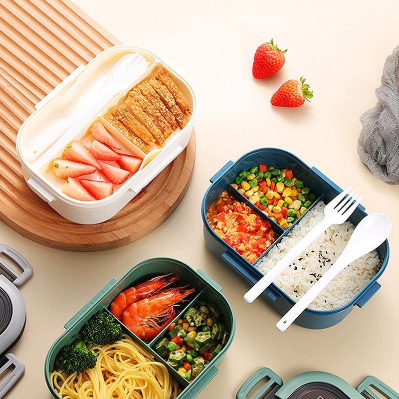 Fun Live Lunch Box 2 Layers Grids Student Office Worker Microwave Hermetic Bento Box Outdoor Picnic Fruit Food Container With Fork Spoon