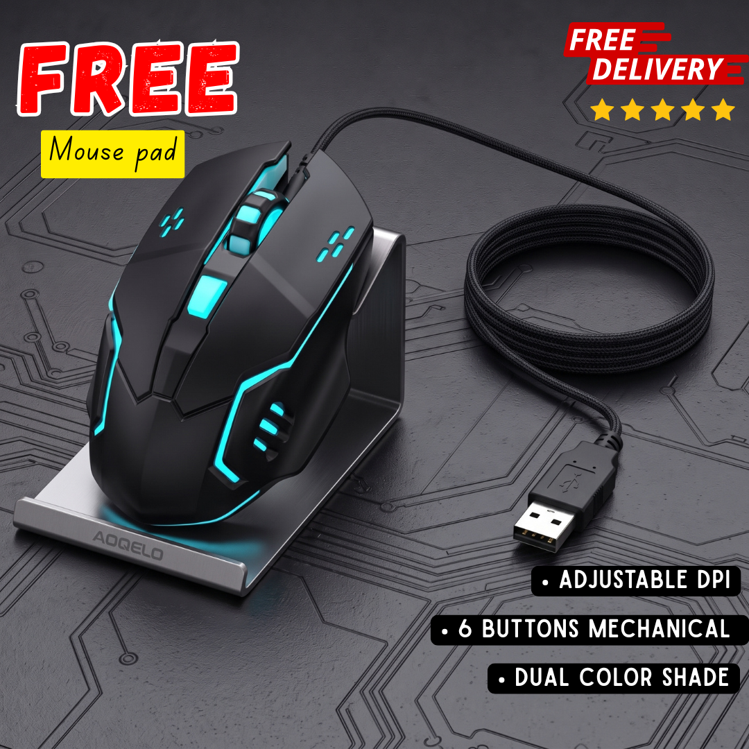 Original AOQELO 6-Button Wired RGB Gaming Mouse | 4-Level DPI Control | 7-Color Light USB Optical Mouse with Side Buttons & Free Mouse Pad | PC, Laptop & Gaming Black and White