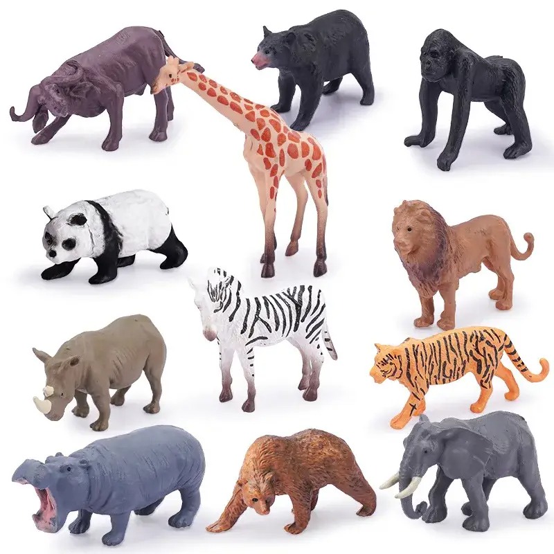 Realistic 12 Character Wild Animal Safari Kingdom - Simulation Model Mini Farm Forest Party Favor Preschool - Rubber Animals Action Figure World Jungle Zoo Toys Set Big Animal For Kids Boys Girls Fun Playing Prank Play Large Size 4.5 inch Educational Toy
