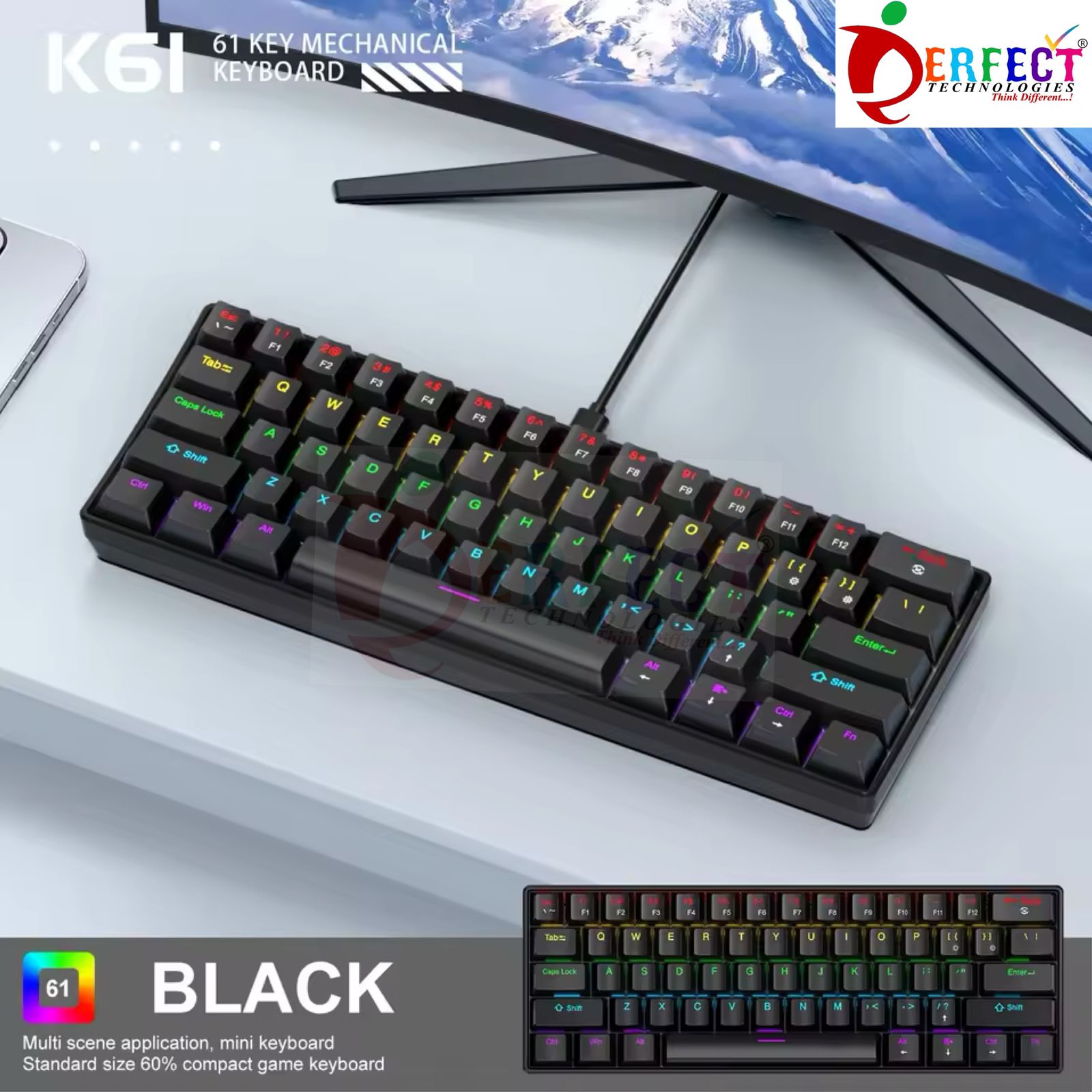 RGB K61 Mechanical Gaming Keyboard 61 Keys 60 Percent Blue Switch Detachable Cable Wired Keyboard for PC Laptop
