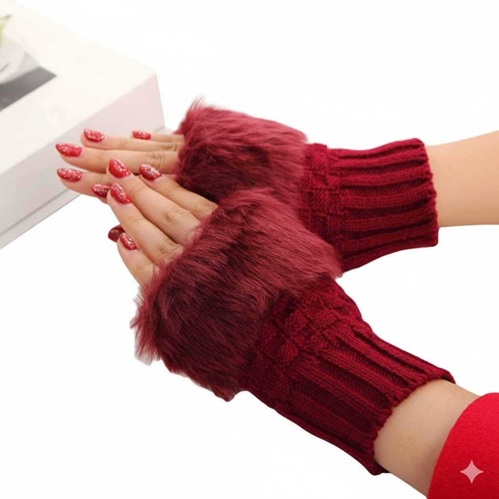 Women Winter Fingerless Cat Paw Gloves – Warm Soft Plush Mittens for Cycling, Camping & Running