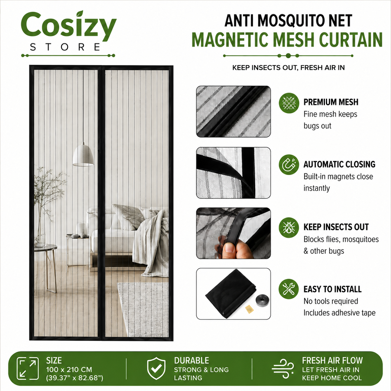 Cosizy - Anti Mosquito Net | Magnetic Mesh Curtain | Screen Door Curtain Net | Automatic Closing Door Mesh | Anti Insect Bug Fly Partition Striped Door Curtain
