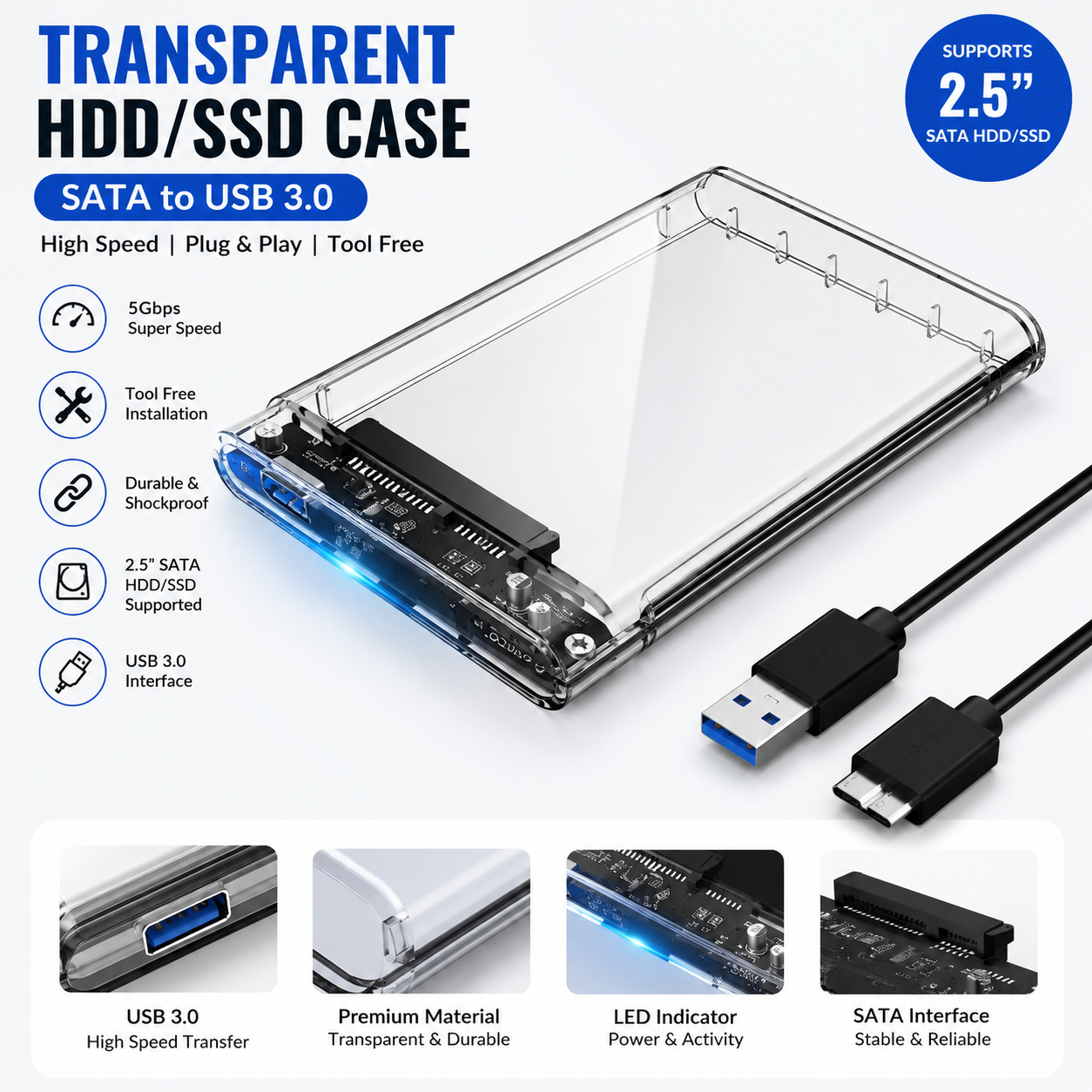 USB 3.0 2.5 Inch SATA HDD SSD External Enclosure Case | Black & Transparent Hard Drive Casing | 5Gbps High-Speed Data Transfer | Tool-Free | Plug & Play (Case Only)