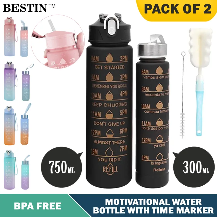 Pack of 2 Water Bottles 300ML and 750ml Motivational Water Bottle, Gradient Color Drinking Water Bottle For Girls And Female Gym With Handle, Portable Water Bottle For School, Fitness, Outdoor Sports, BPA Free Grade Plastic Leak Proof