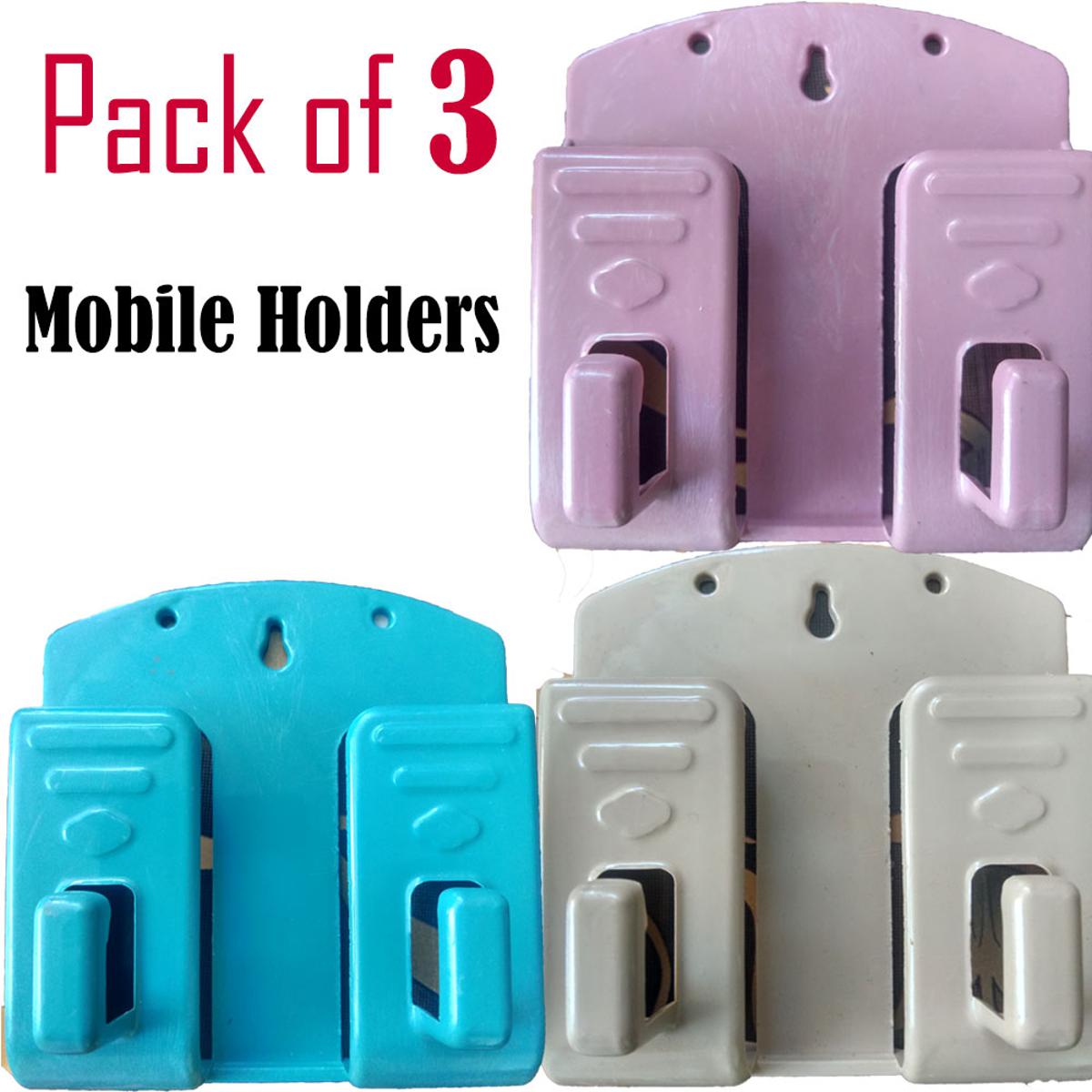 Pack of 3 - Wall Mounted Mobile Phone Holder Dual Holder Bracket Phone Charging Support Hanging Stand For Cell Phone ( Multi Color ) Key & Remote Holder