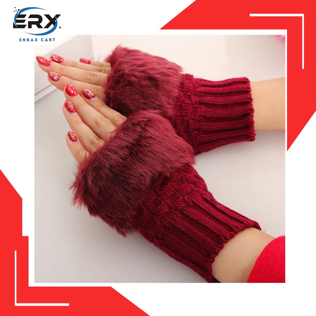 ENRAX CART Winter Solid Color Faux Rabbit  Gloves Arm Sleeve Cover Warmer Fingerless Wrist Gloves Knitted Mitten Fashion Women Gloves