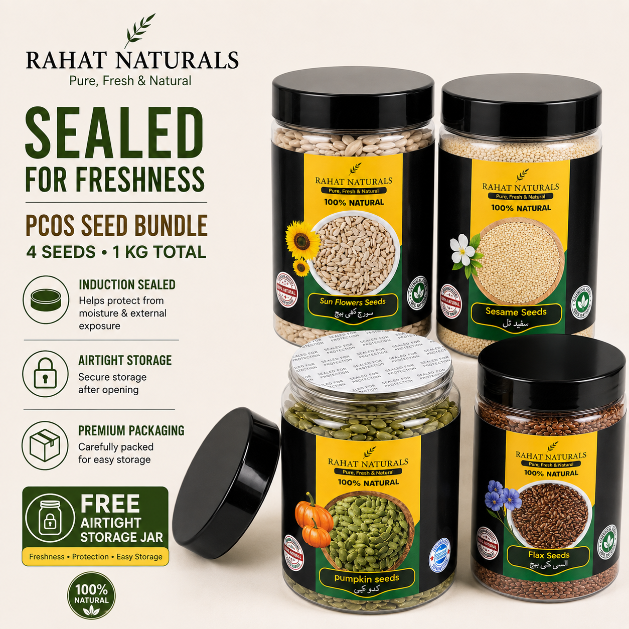 Rahat Naturals PCOS Bundle – 4 Super Seeds for Women's Hormonal Balance | Sunflower Seeds + Sesame Seeds + Flax Seeds + Pumpkin Seeds | High Fiber, Omega-3, Protein Rich | Natural PCOS Support | Weight Management & Women's Wellness