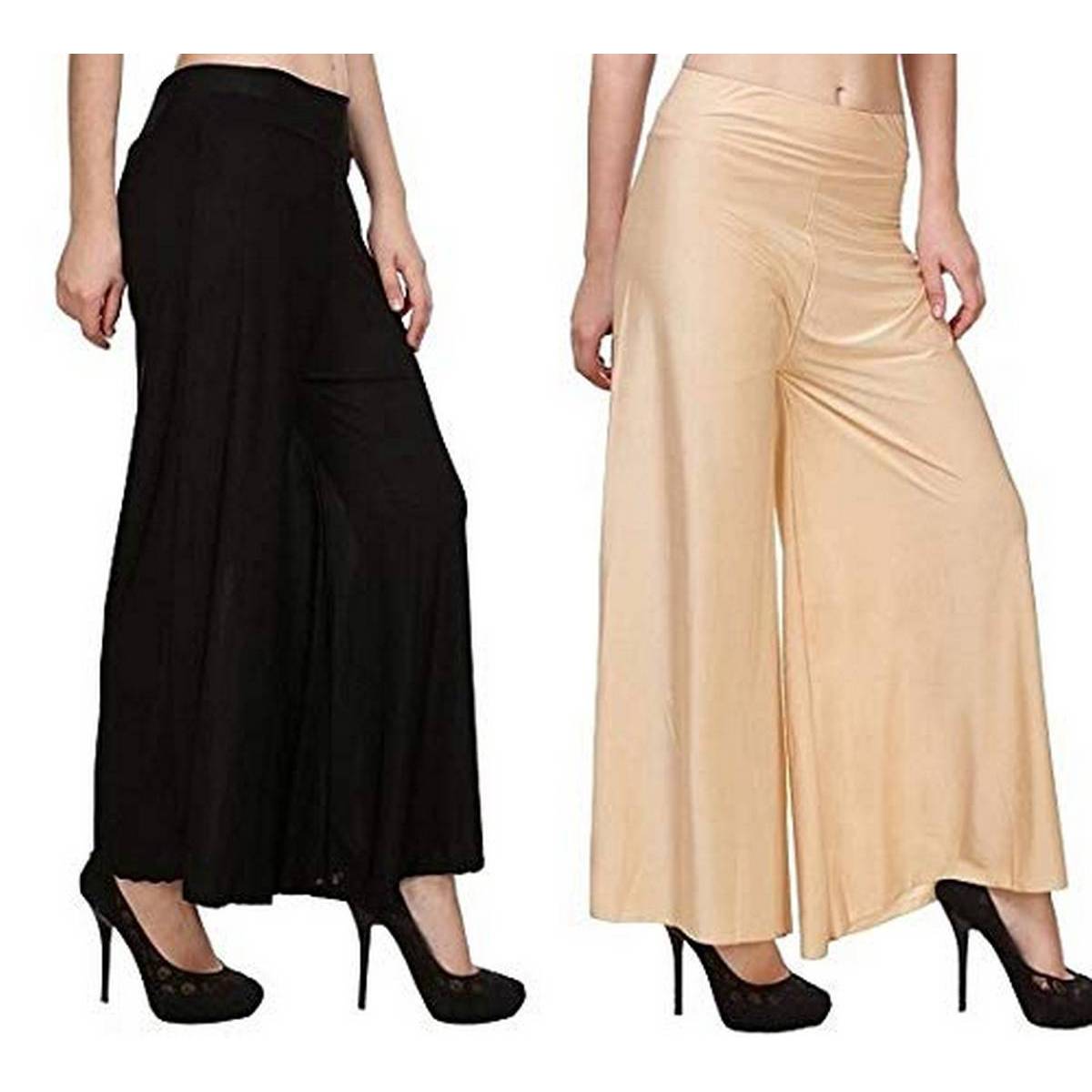 Pack Of 2 Viscose Long Palazzo Pants for Women (Black-Skin)