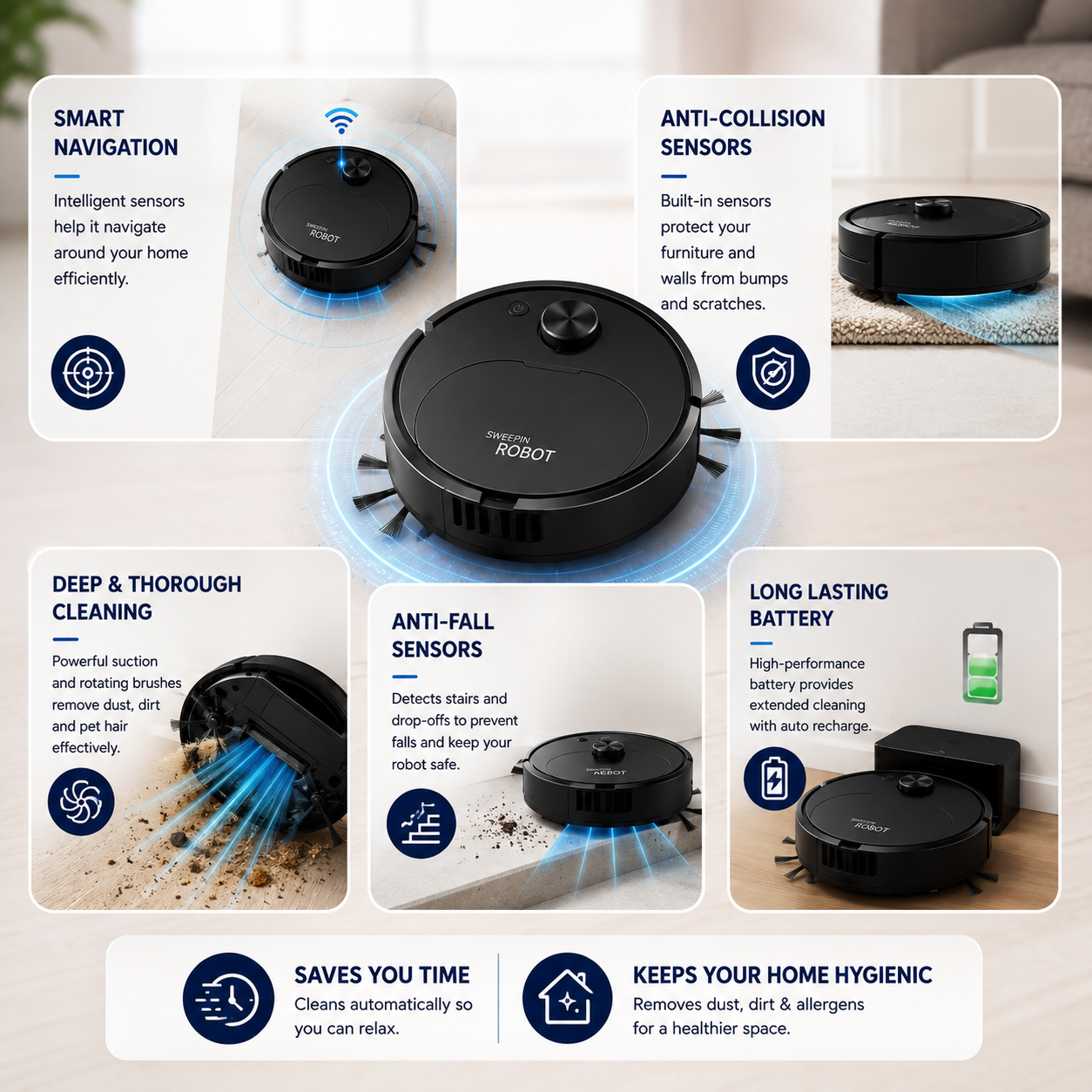 Imported Electric Carpet Robot Cleaner - 1200Pa - Robot Vacuum Cleaner - Automatic Dust Floor Cleaner Machine - Powerful Suction Cleaning Robot With Smart Sensor - For Household & Office - Easy To Use