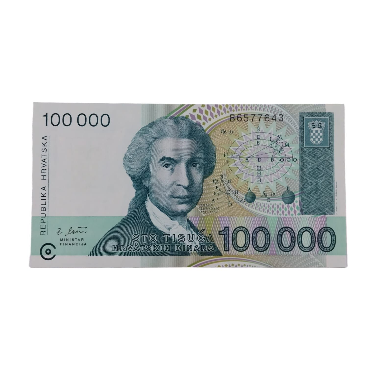Original Croatia 100,000 Dinara Collectible - Ruđer Bošković & History of Croats Statue - Genuine UNC Historical Paper Piece