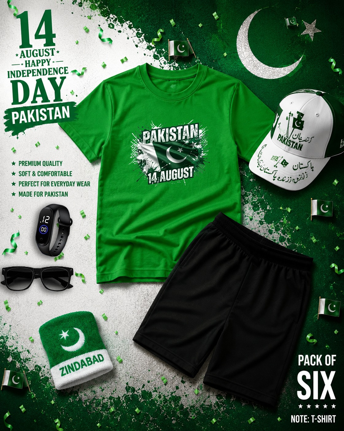 14th August Special Kids Printed Summer Tracksuit Pack of 6  Pakistan Independence Day Outfit  T-Shirt, Shorts, Cap, Hand Band, Sunglasses & Watch  Soft Fine Jersey  Baby Boys & Girls (1-8 Years)