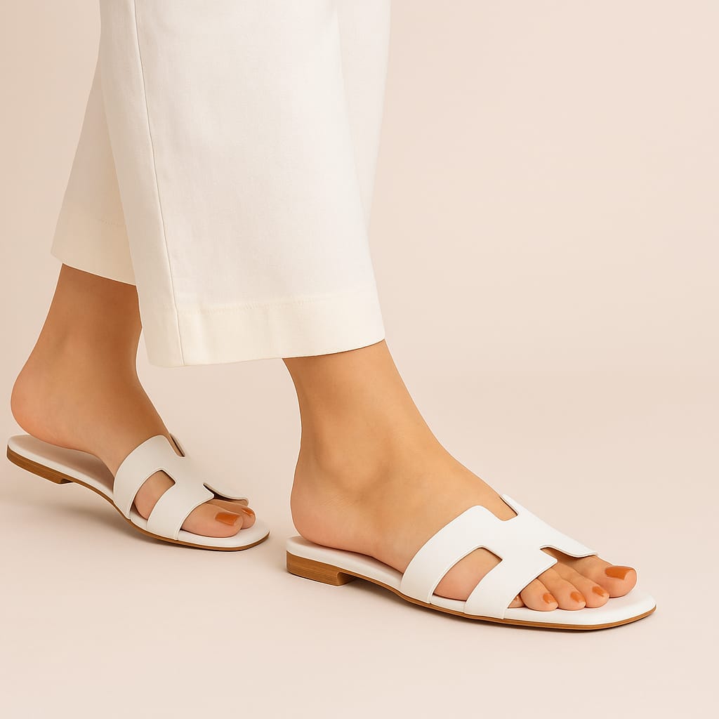 Foot Foward- Women’s White and Brown Flat Slippers—Casual & Stylish Summer