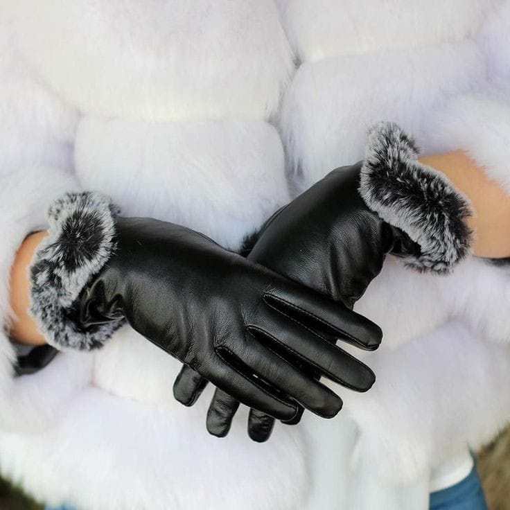 Outdoor Winter Women Windproof Faux Leather Touch Screen Full Finger Gloves with Faux Rabbit Fur Lining