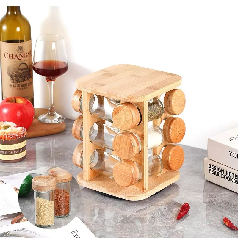 SI/360• ROTATING CAROUSEL SPICES JAR SQUARE AND ROUND WOODEN STYLE ...