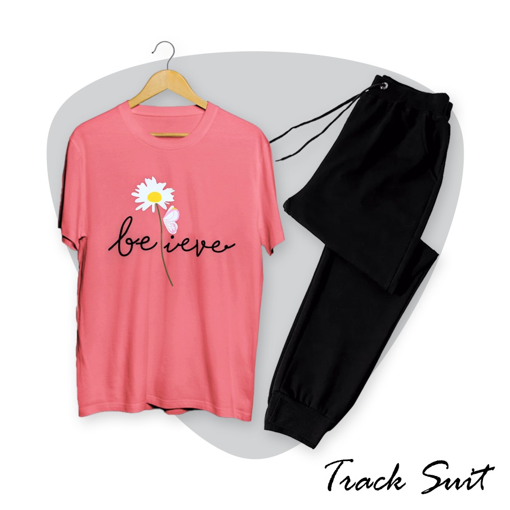 Trendy Fashion Believe Printed Tracksuit T-shirt & Trouser Cotton Jersey Fabric Summer Elegant Collection tshirt Gym Sports Outdoor Casual Wear Track Suit for Women at Full Circle Clothing