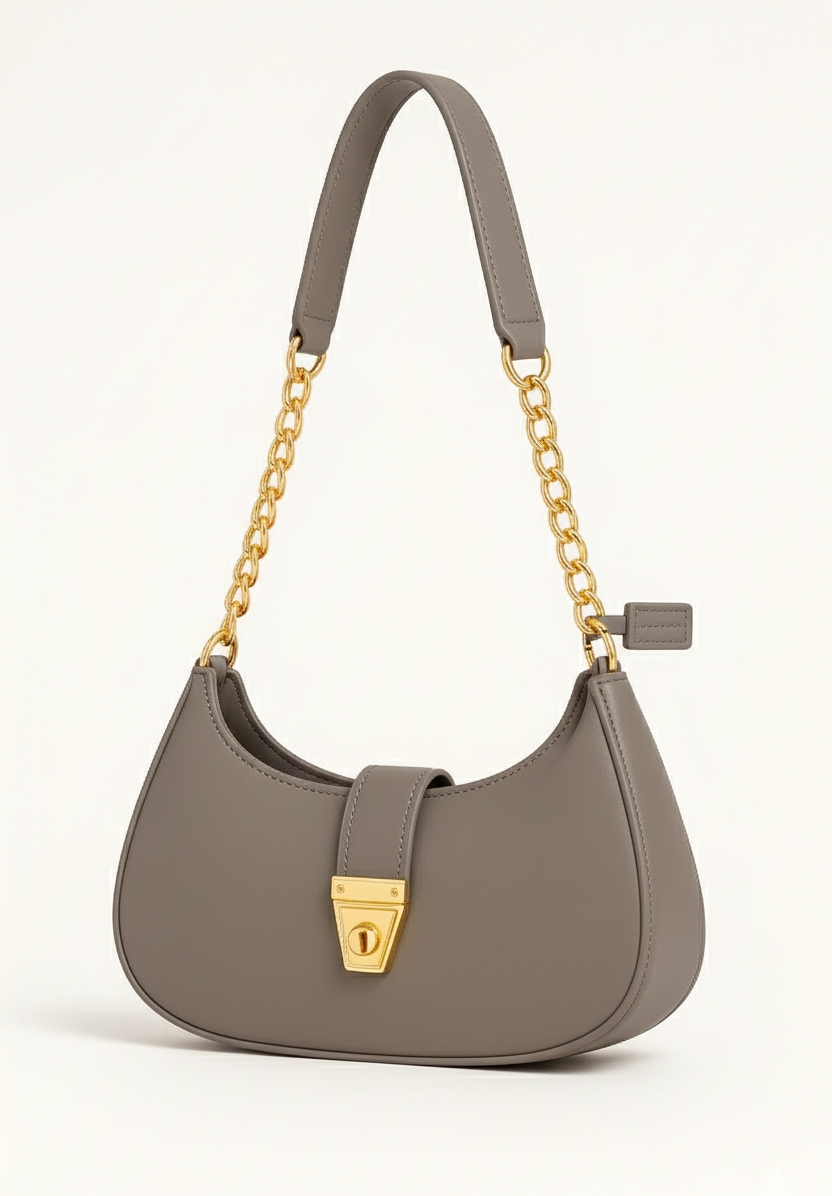 Trendy Faux Leather Crescent Bag – Gold Chain & Turn-Lock