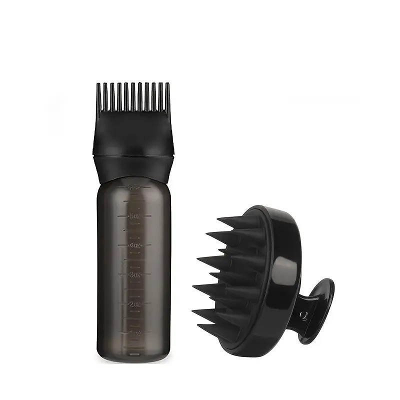 2pcs/Set ABS Plastic Hair Dyeing Bottle with Scale, Scalp Massage Brush Root Comb Hair Dyeing Bottle Hair Care Oil Bottle, Silicone Shampoo Scalp Massager