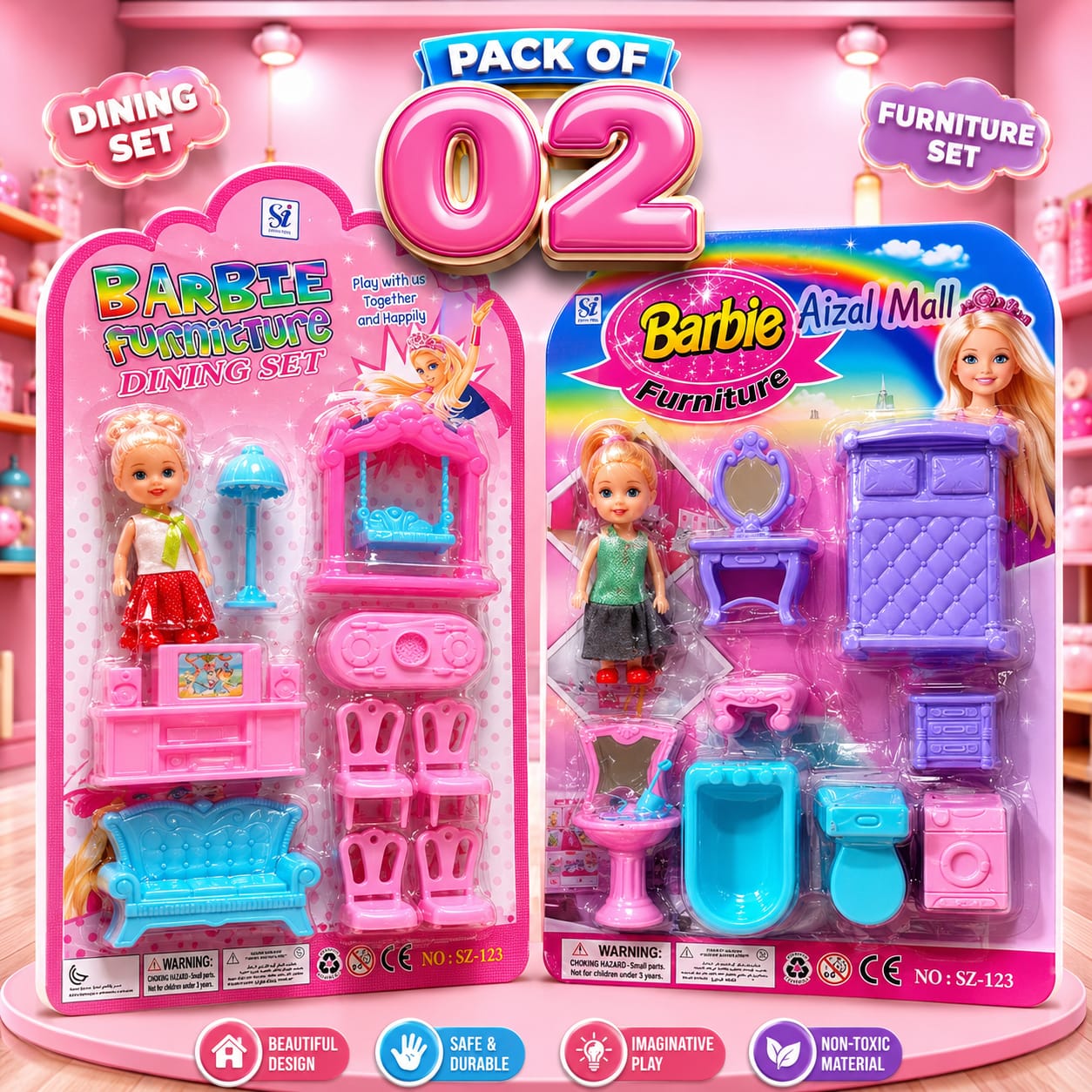 (Pack of 02) Barbie doll furniture bedroom sets and Dinning set toy for kids Baby doll, Bed with side table, Dressing table, Bath tap, Wash basin and  Commode Etc Colorful And Leaning and education Doll set for girls (Aizal Mall)