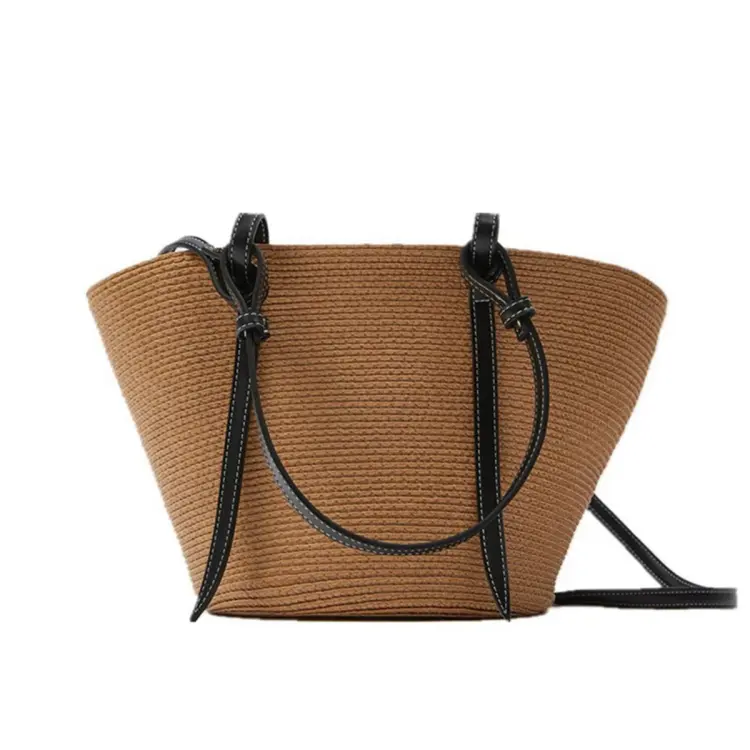 Women Beach Handbag Bucket Bag Straw Bucket Rattan Woven Shoulder Purse Bag