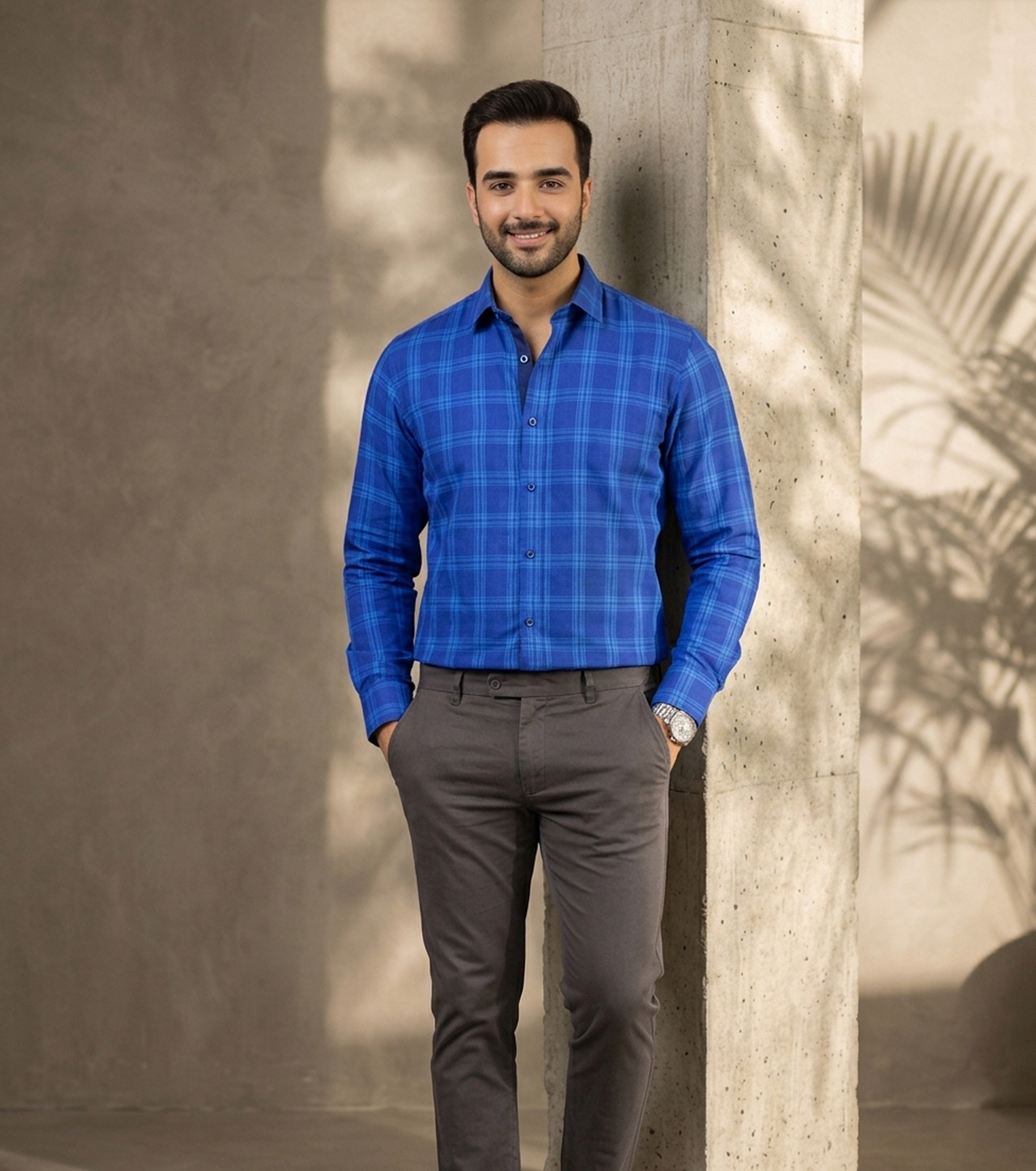 Auditors®️ Mens Semi-Formal Blue Check Cotton Shirt 100% Pure Cotton Fabric For Mens - For Office and Events