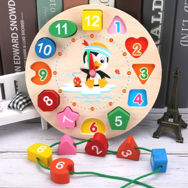Wooden Colorful 12 Digital Clock Toy Wood Toy 3D Puzzle Wooden Beaded Geometry Clock Puzzles Math Montessori Educational Beaded Game Toy