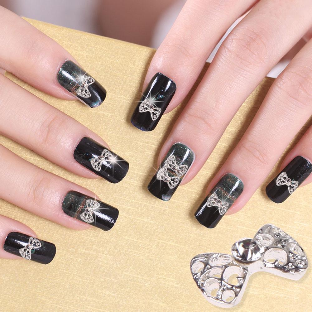 Pretty 10pc Pack Bling Silver 3d Rhinestones Bow Tie Nail Art