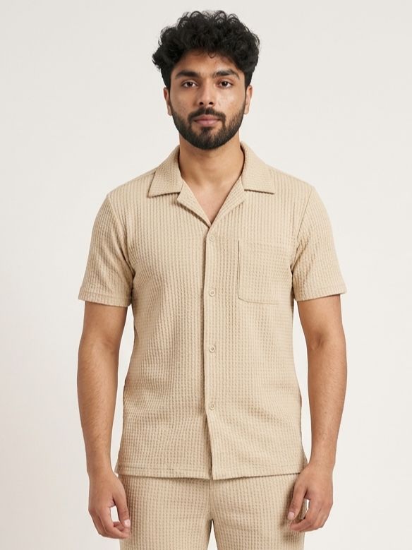Soliches - Beige Waffle Knitted Shirt for Men