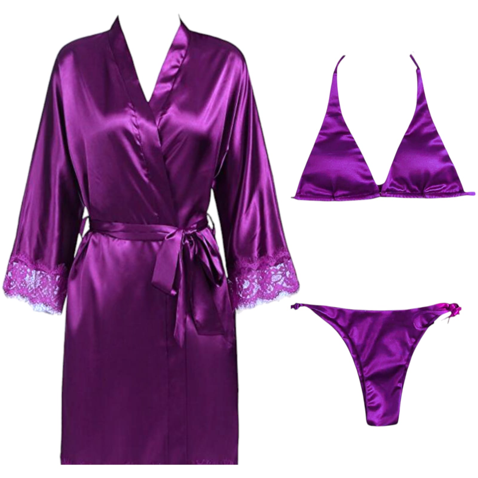 MO MEMON 3-Piece Silk Satin Nighty Set – Bridal Lingerie with Robe