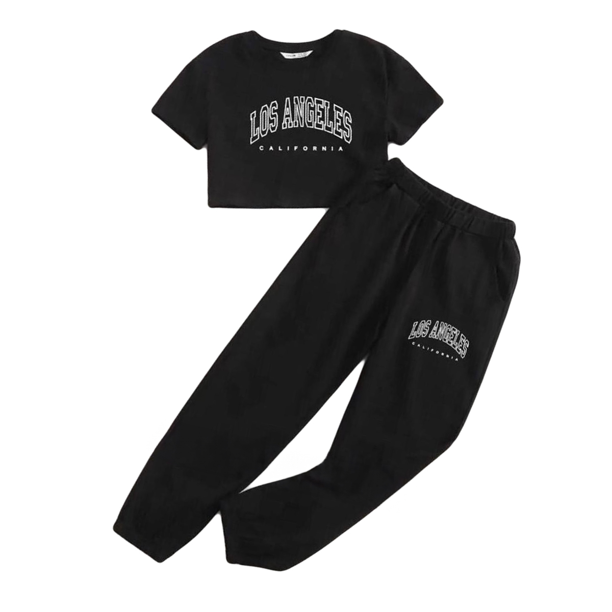 Black Los Angeles Printed Cropped Summer Tshirt And Trouser For Women