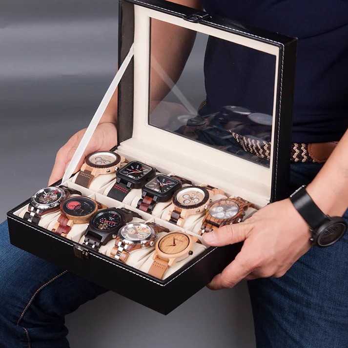 Watch Storage Box for Men Faux Leather Watch Organizer Display Storage Style Black 3/6/10/12/24 Grid