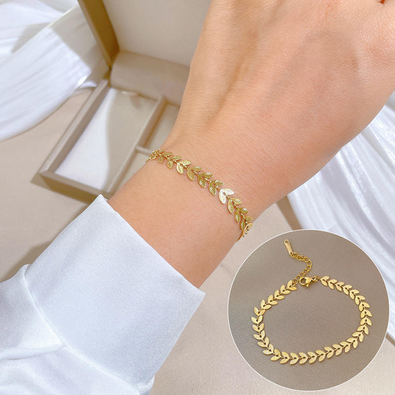 Jewels & Glow HOVANCI Beach Theme Jewelry | Novelty Plus Size Stainless Steel Water Resistant Wheat Leaf Anklet | Personalized Minimalist Leaf Shaped Chain Bracelet | Real 925 Sterling Silver Fashion Leaf Synthetic Pearl Charm Bracelet for Women | Gold-Pl