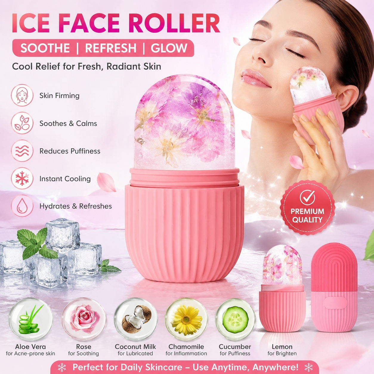 Silicon Ice Roller for Face - Facial Massage Tool for Glow & Anti-Wrinkle | Silicone Ice Cube Roller for Cooling, De-Puffing Eyes & Tightening Skin | Reusable Face Ice Roller for Puffiness, Collagen Regrowth, & Radiant Skin (Low Price)"