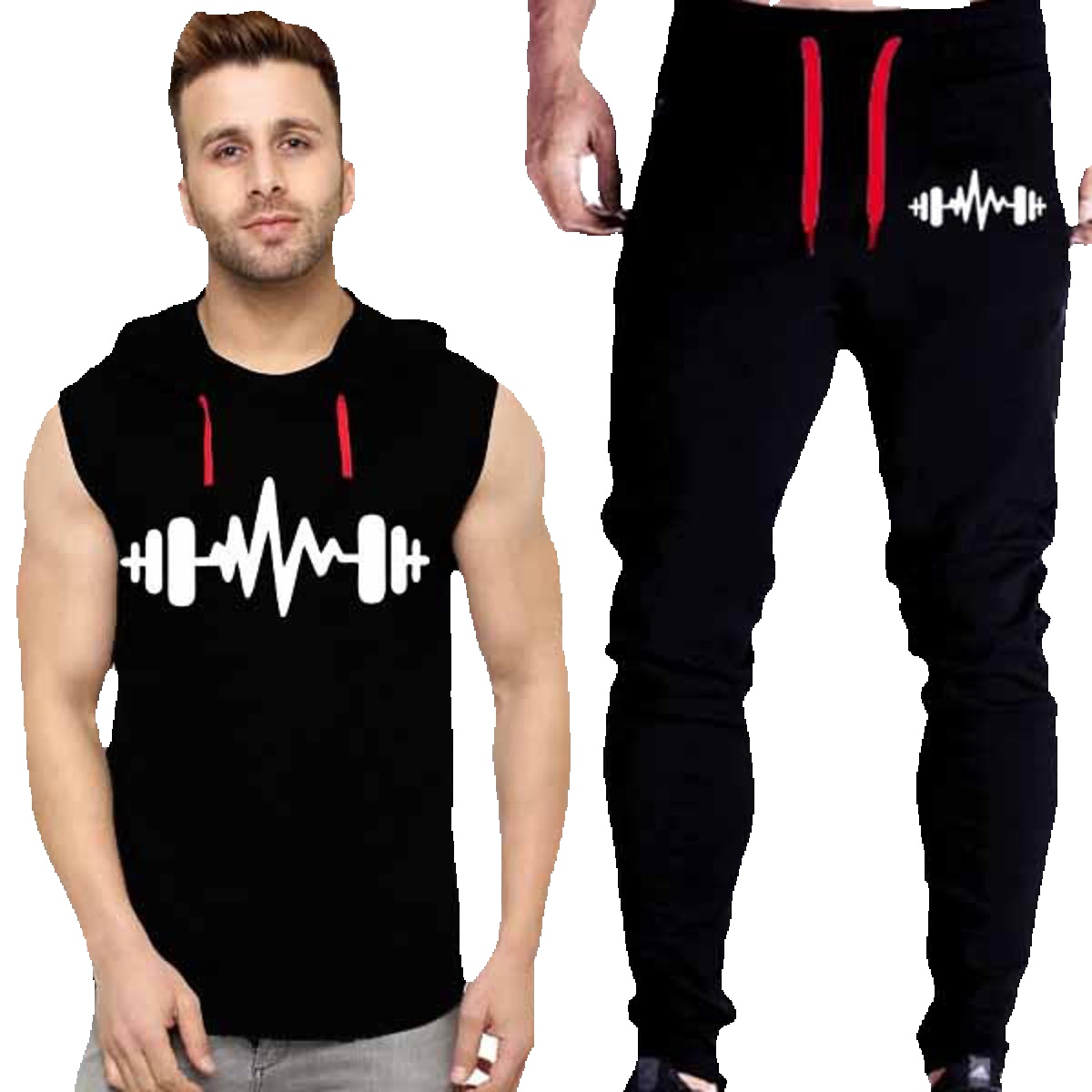 Black Vinyl Dumble Printed  Sportswear Gym Summer Hooded Sleeveless  Training Shirt Tracksuit  Workout Top for Mens (Hooded Tshirt + Trouser )