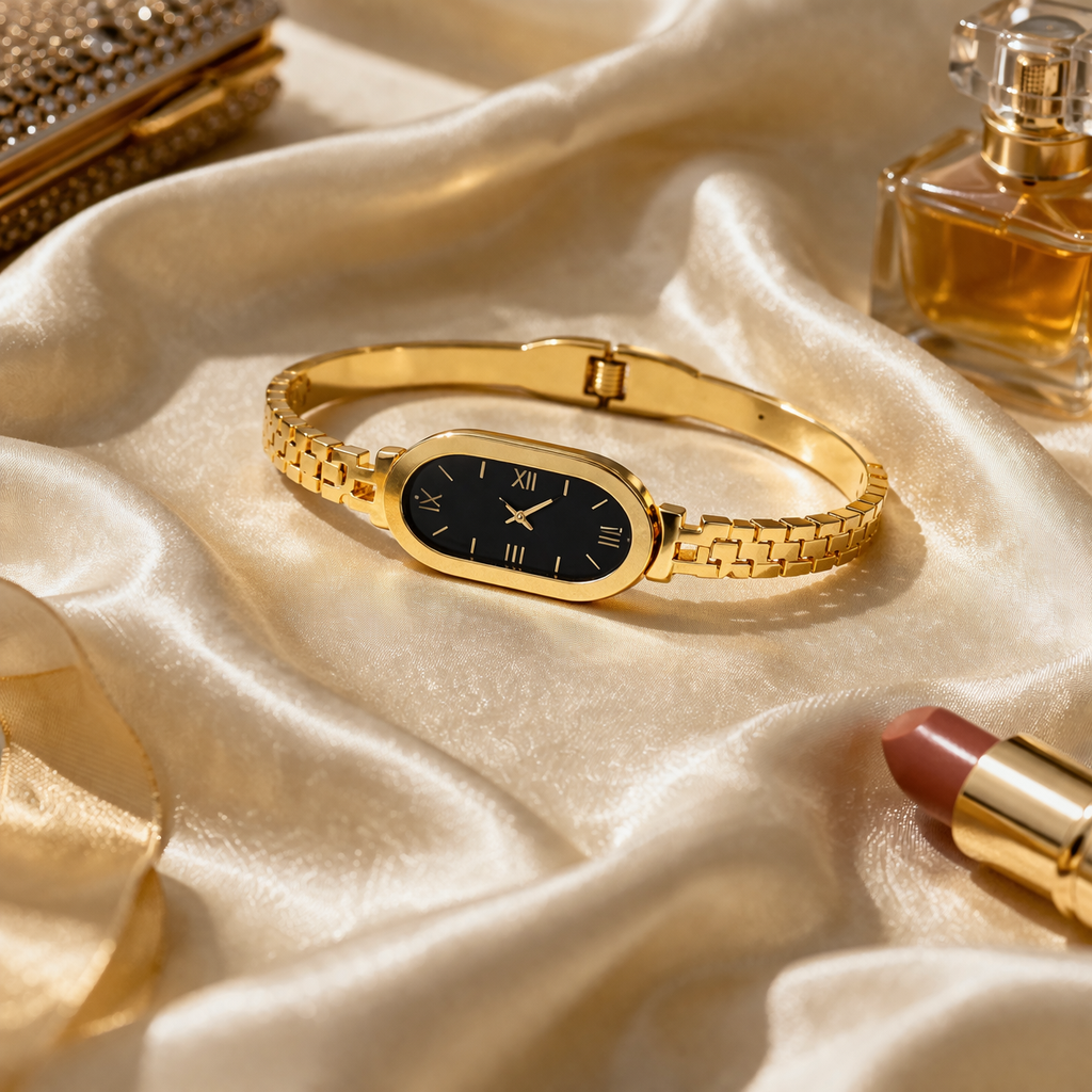 Elegant Gold Watch Bracelet for Women – Minimal Oval Dial, Adjustable Fit