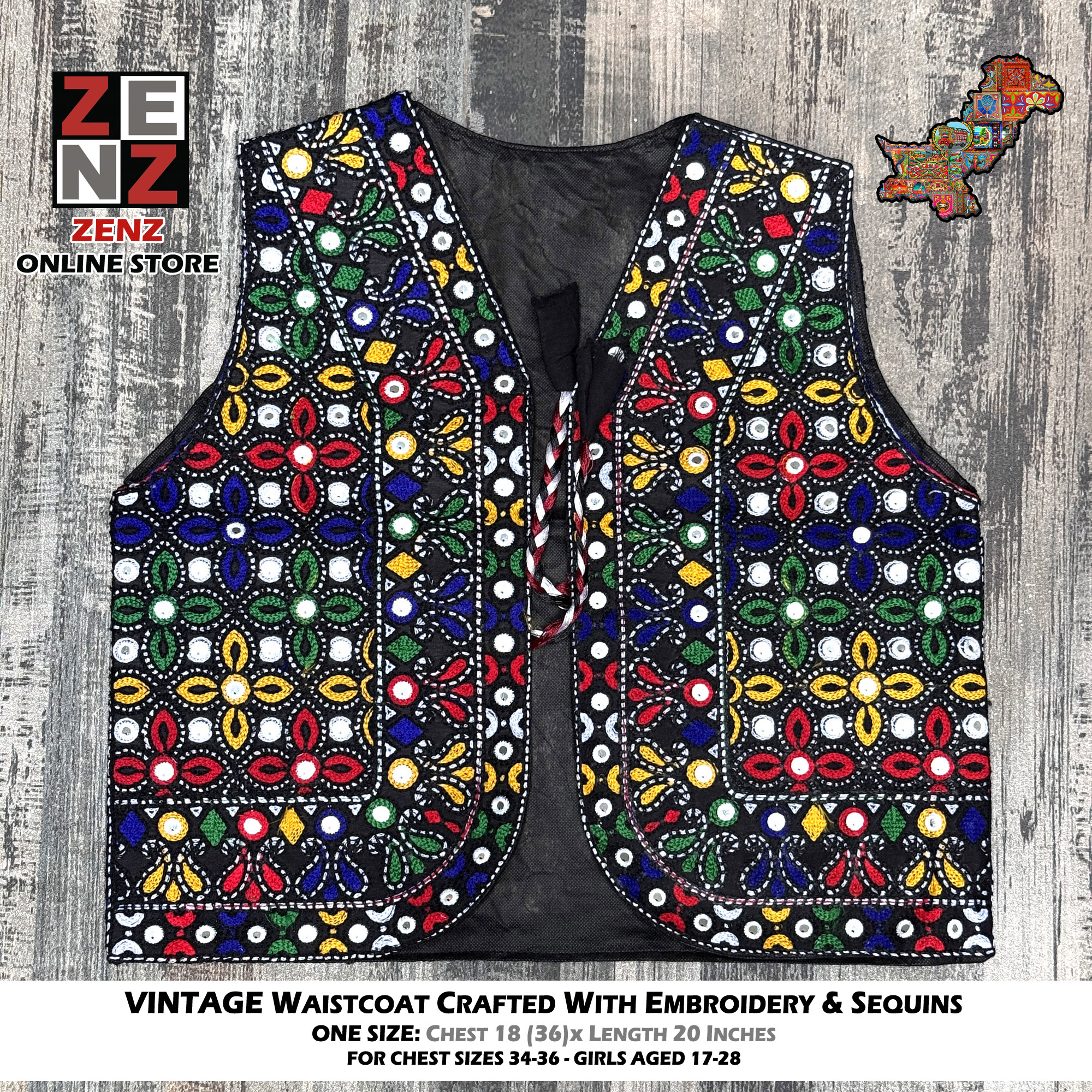 Womens Black & Multicolored Traditional Embroidered Sindhi Cultural Waist Coat Koti for Ladies Womens Embroidered Gilet ZENZ Handicrafts