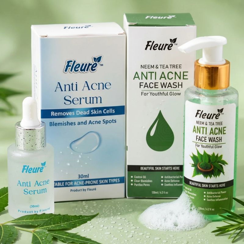 Fleure Anti Acne Kit - Clear Skin Duo - Face Wash - Serum - Oily Skin Care Bundle - Acne Serum - Acne Treatment Set - Acne Facewash - Soothing Anti Acne Formula
