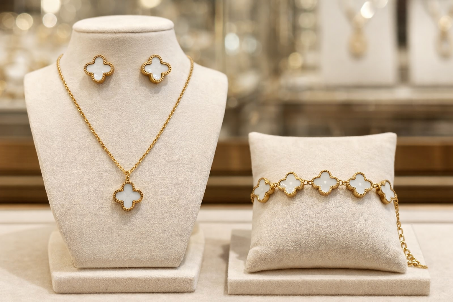 Luxury Clover Jewelry Set for Women – Gold Plated Stainless Steel Necklace, Earrings & Bracelet Set – Elegant White Clover Design Gift for Girls
