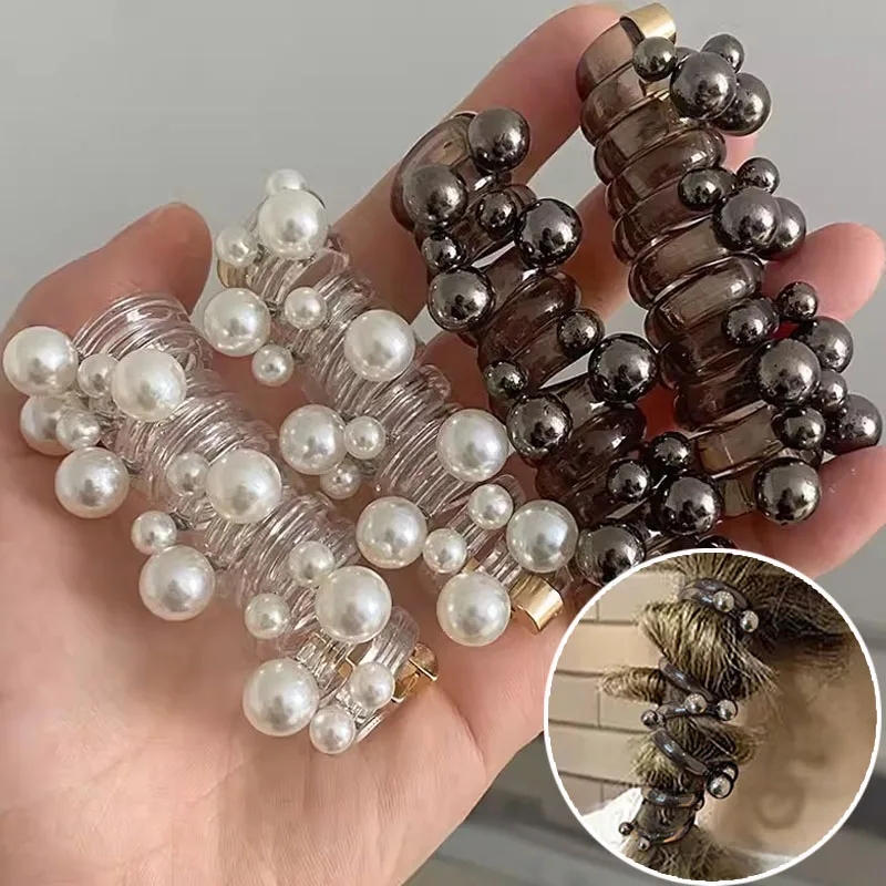 1Pc New Pearl Telephone Wire Bow Knot Elastic Hair Band For Women Girls Hair Weaving Spiral Cord Rubber Band Pearl Hair