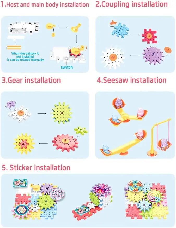 Electric Building Block Gear Toy Set DIY Plastic Brick Toys Colourful Building Block Large Particle Electric Gear Rotating Assembly Block Children Early Education Puzzle Fun Learning Blocks Gifts for Birthday