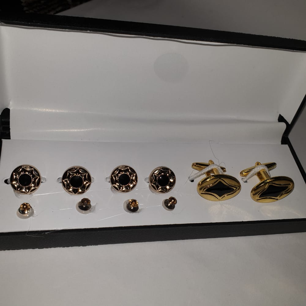 Complete Set Metal Cuff links and Plastic Buttons for Men |  Men’s Cuff-link & Buttons With Box Silver and Gold