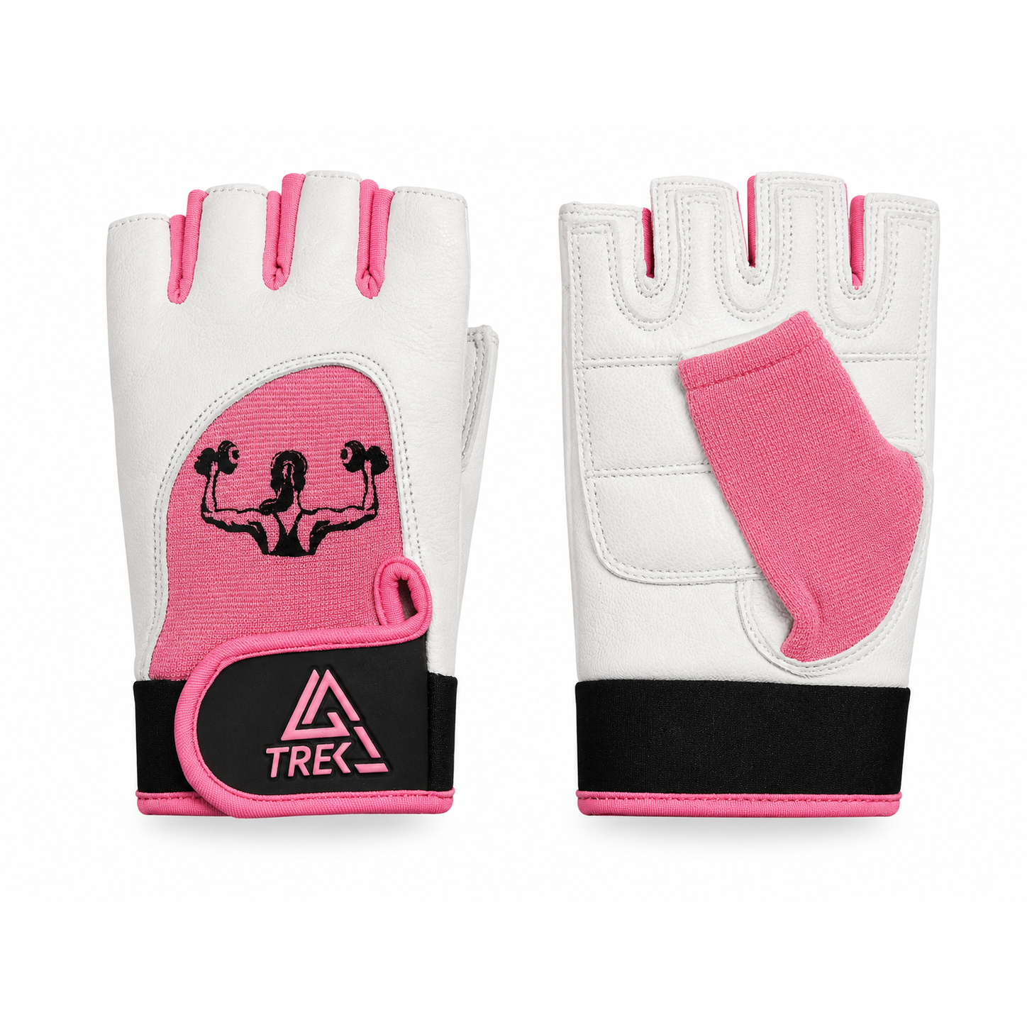 THE TREK Women's Premium Leather Gym Gloves | Half Finger Weight Lifting, Fitness & Workout Gloves with Wrist Support (Pink/White)