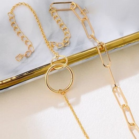 2Pcs/Set Vintage Bohemian Chain for Women Girls Chunky Chain Double Ring Pendant Bracelet Jewelry