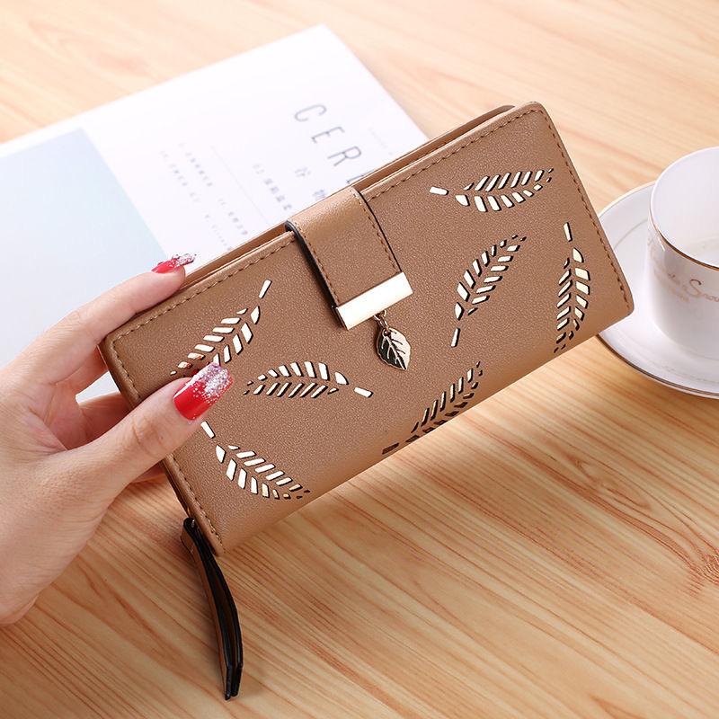 Sweet Mall -Luxury Pu  Leather Women Wallets Long Hasp Fold-Over Pattern Coin Purses Hollow Leaf Zipper Buckle Wallet for Girls Card Holder and money