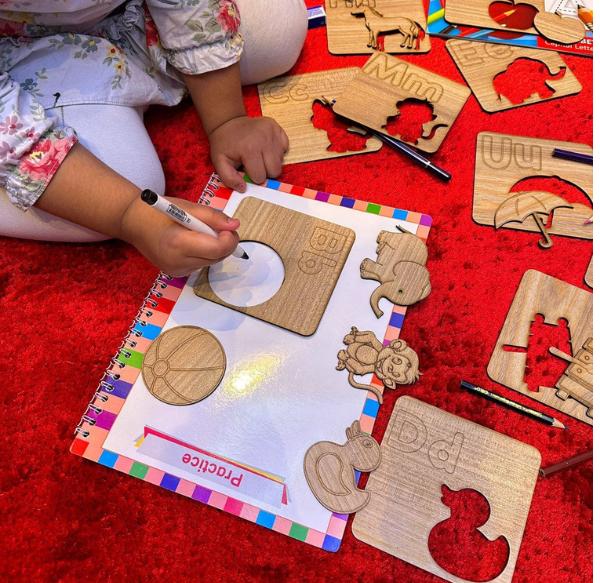 Kids Wooden Drawing Stencils English/Urdu/Mathematics Alphabets Learning Puzzle Toys (A to Z complete)