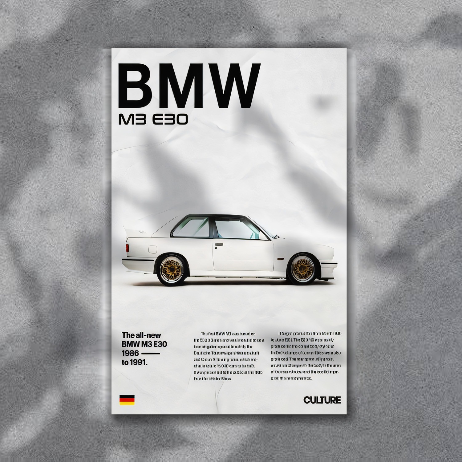 E30 M3 Picture Frame BMW Car Model Wall Mount Display Digital Printed